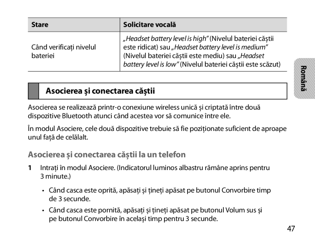 Samsung BHM7000EBECXEH, BHM7000EBECXEF, BHM7000EBECXEE, BHM7000EBRCSER manual Asocierea şi conectarea căştii la un telefon 