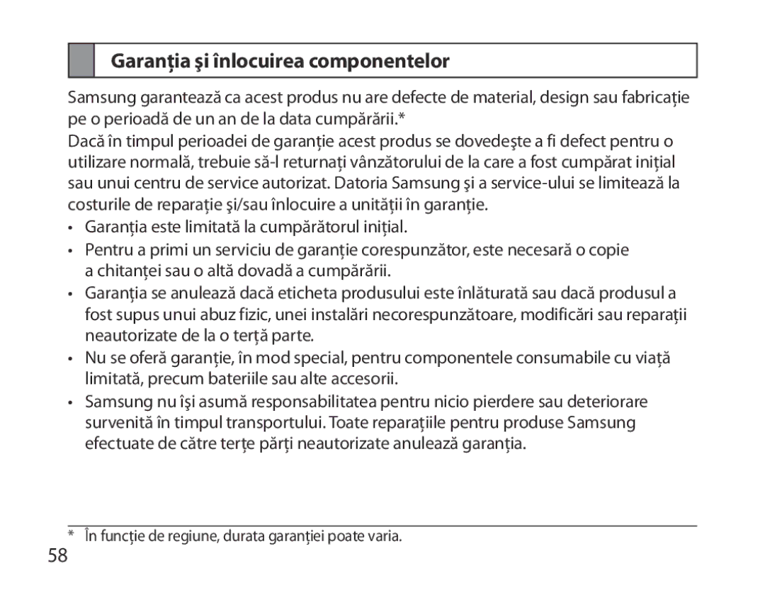 Samsung BHM7000EBECXEF, BHM7000EBECXEH, BHM7000EBECXEE, BHM7000EBRCSER manual Garanţia şi înlocuirea componentelor 