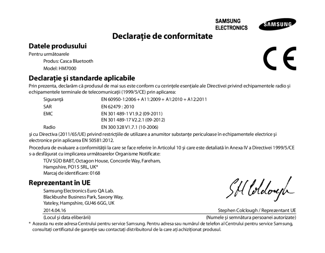 Samsung BHM7000EBECXEF, BHM7000EBECXEH Declaraţie de conformitate, Datele produsului, Declaraţie şi standarde aplicabile 