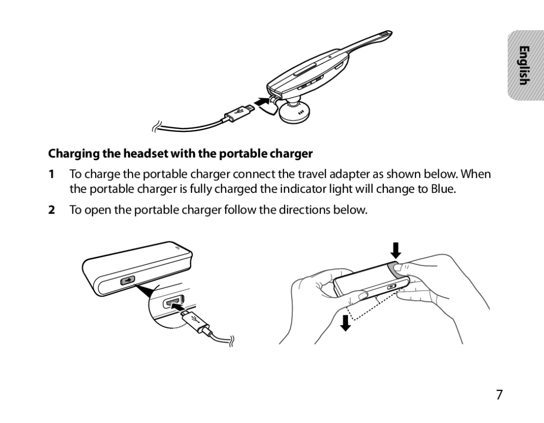 Samsung BHM7000EBECXEH, BHM7000EBECXEF, BHM7000EBECXEE manual English Charging the headset with the portable charger 