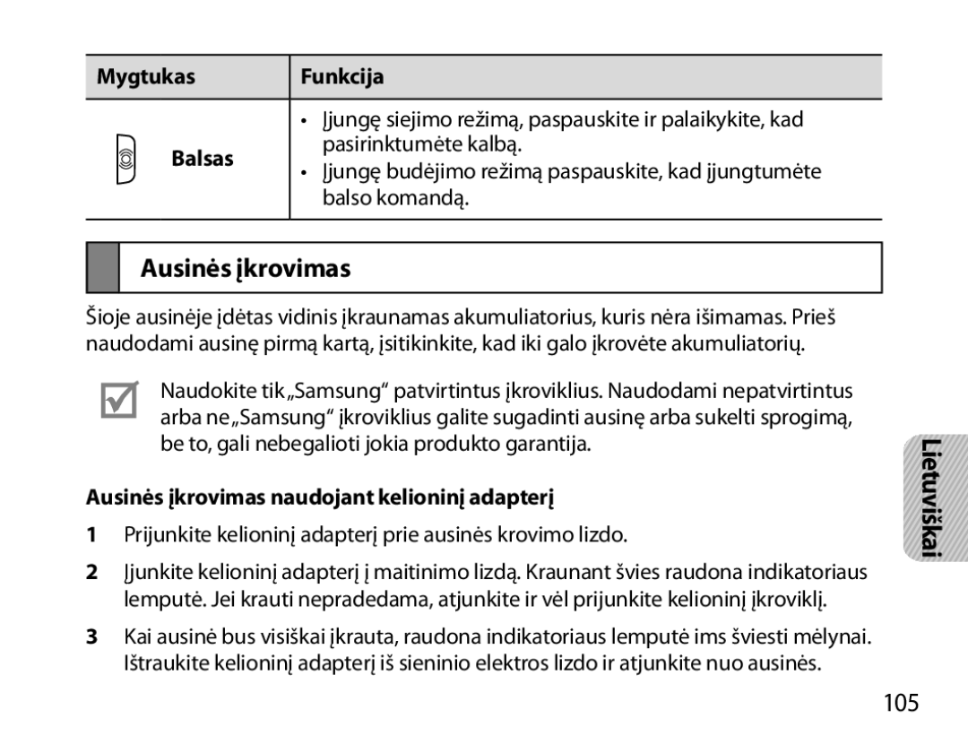 Samsung BHM7000EBRCSER manual 105, Balsas, Ausinės įkrovimas naudojant kelioninį adapterį 