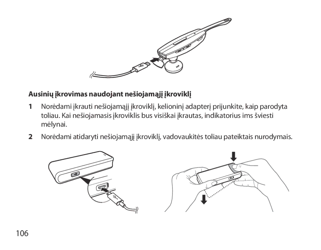 Samsung BHM7000EBRCSER manual 106, Ausinių įkrovimas naudojant nešiojamąjį įkroviklį 