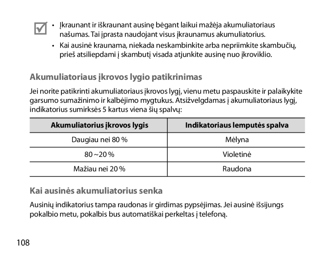 Samsung BHM7000EBRCSER manual Akumuliatoriaus įkrovos lygio patikrinimas, Kai ausinės akumuliatorius senka, 108 