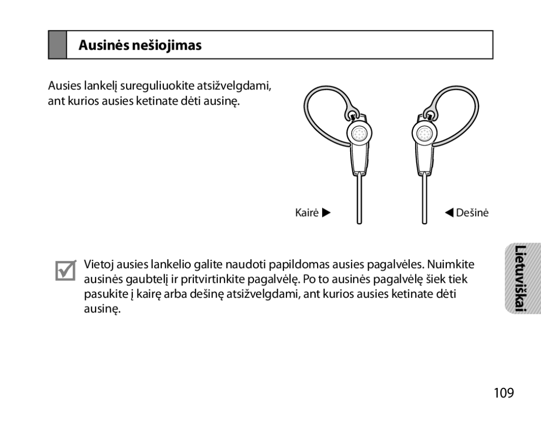 Samsung BHM7000EBRCSER manual Ausinės nešiojimas, 109 