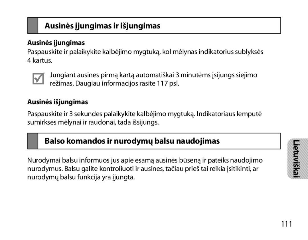 Samsung BHM7000EBRCSER manual Ausinės įjungimas ir išjungimas, Balso komandos ir nurodymų balsu naudojimas, 111 