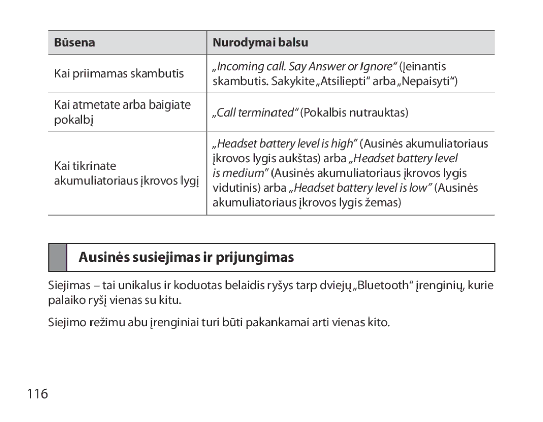 Samsung BHM7000EBRCSER manual Ausinės susiejimas ir prijungimas, 116, „Incoming call. Say Answer or Ignore Įeinantis 