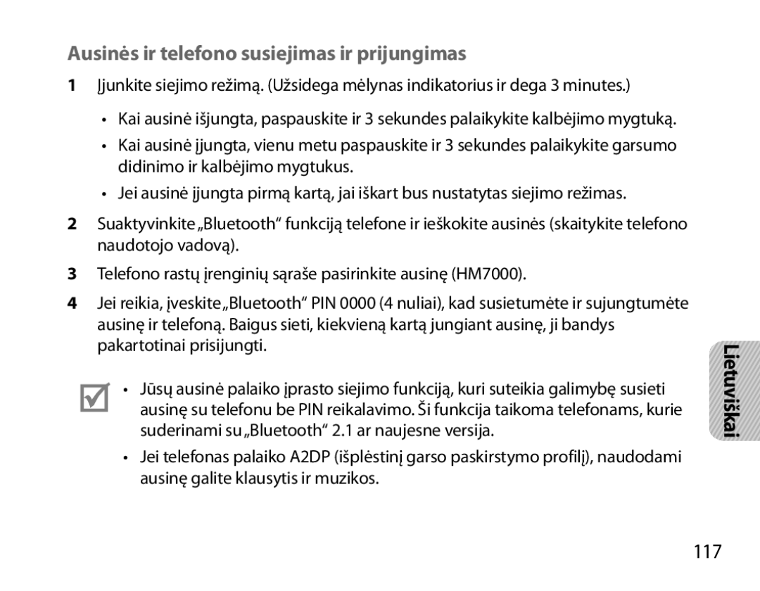 Samsung BHM7000EBRCSER manual Ausinės ir telefono susiejimas ir prijungimas, 117 