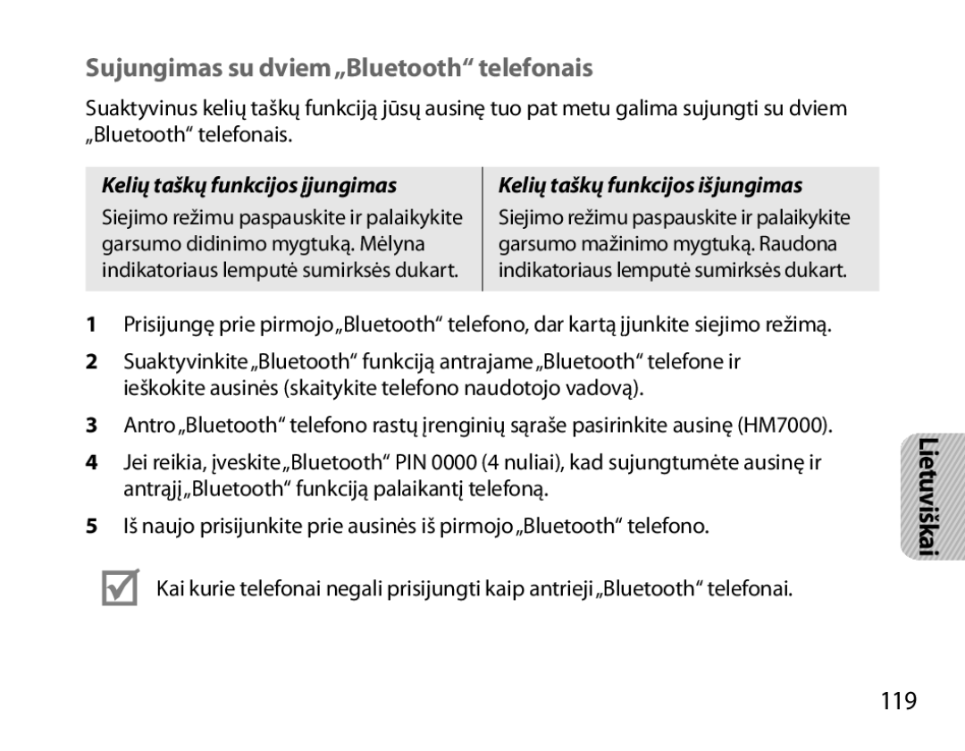 Samsung BHM7000EBRCSER manual Sujungimas su dviem„Bluetooth telefonais, 119 