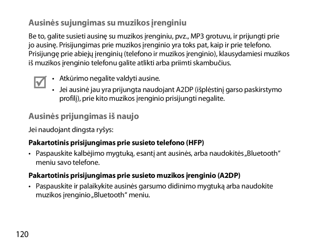 Samsung BHM7000EBRCSER manual Ausinės sujungimas su muzikos įrenginiu, Ausinės prijungimas iš naujo, 120 