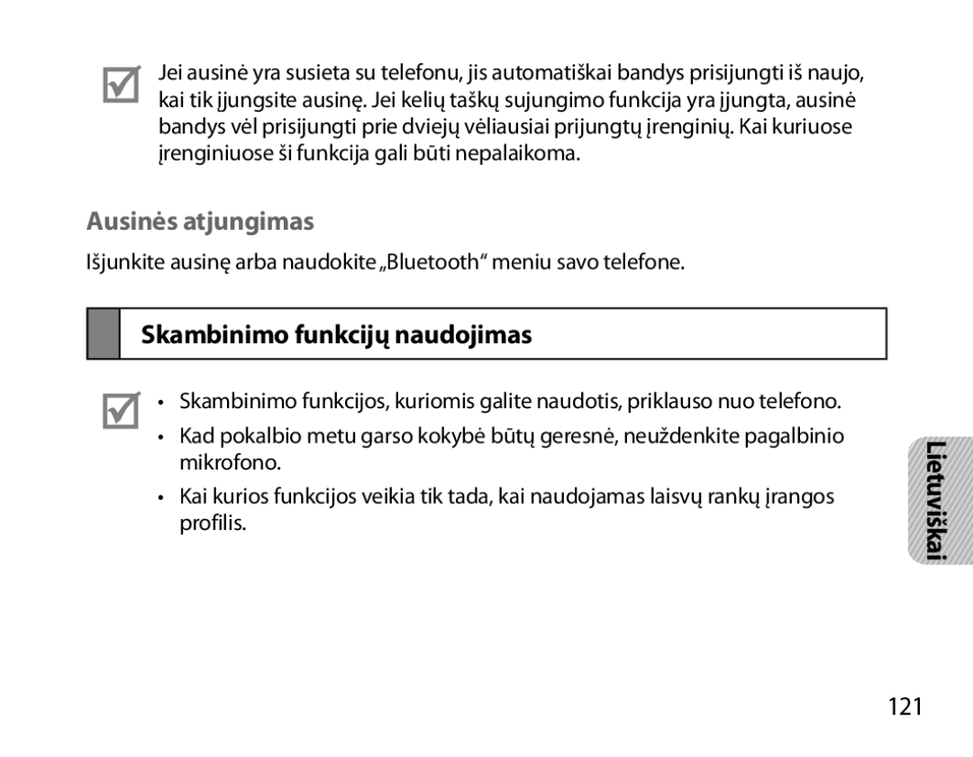 Samsung BHM7000EBRCSER manual Ausinės atjungimas, Skambinimo funkcijų naudojimas, 121 