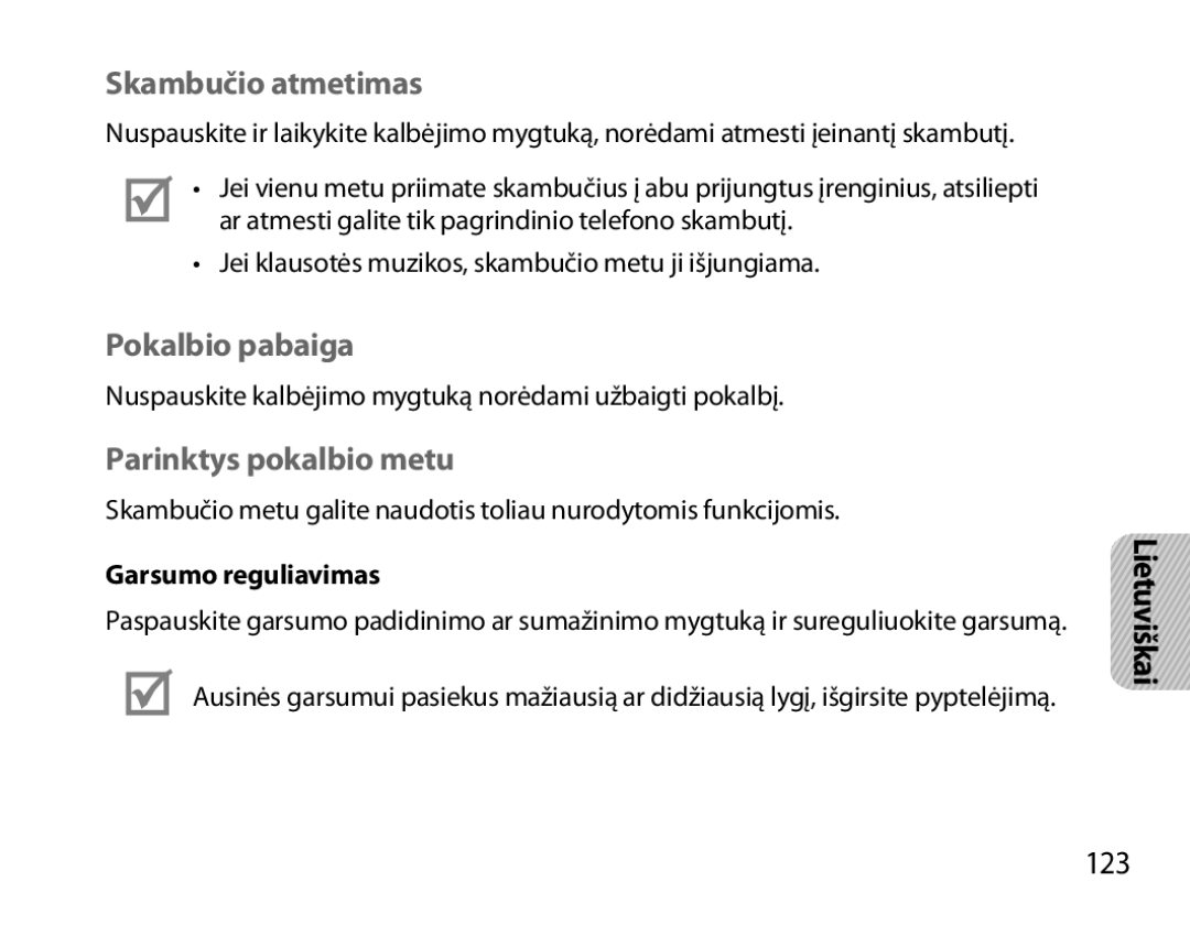 Samsung BHM7000EBRCSER manual Skambučio atmetimas, Pokalbio pabaiga, Parinktys pokalbio metu, 123, Garsumo reguliavimas 