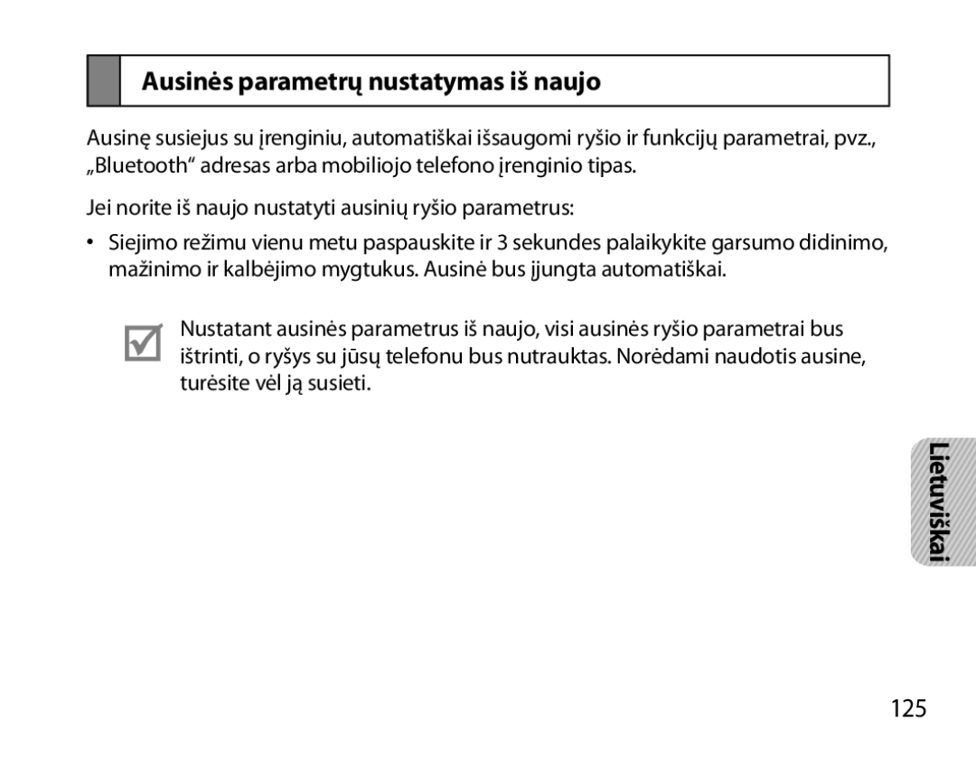 Samsung BHM7000EBRCSER manual Ausinės parametrų nustatymas iš naujo, 125 