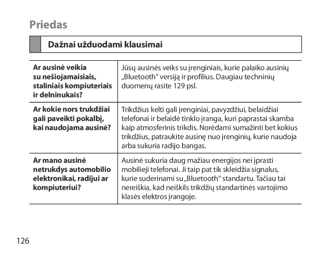 Samsung BHM7000EBRCSER manual Priedas, Dažnai užduodami klausimai, 126 