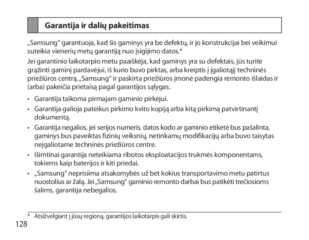 Samsung BHM7000EBRCSER manual Garantija ir dalių pakeitimas, 128 