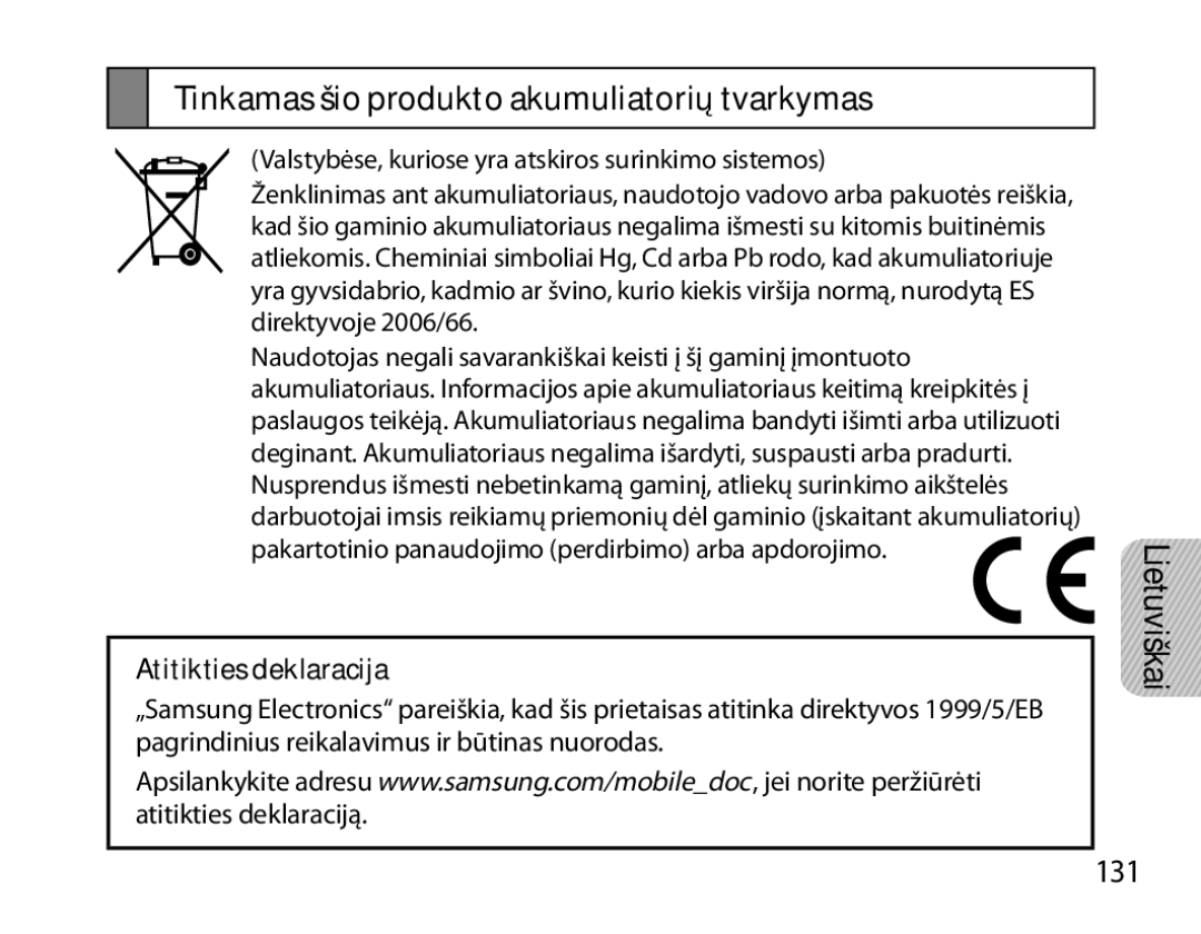 Samsung BHM7000EBRCSER manual Tinkamas šio produkto akumuliatorių tvarkymas, 131, Atitikties deklaracija 