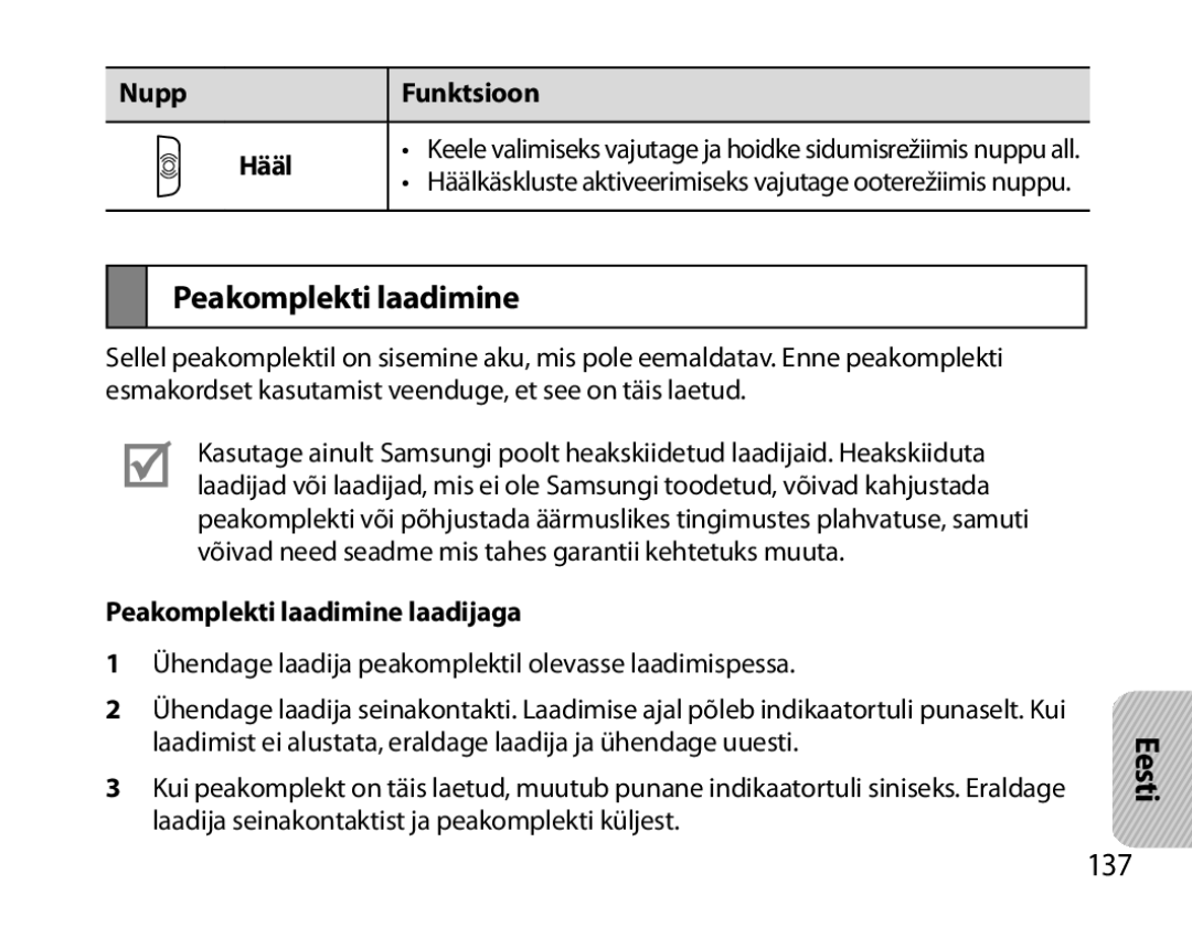 Samsung BHM7000EBRCSER manual 137, Nupp Funktsioon Hääl, Peakomplekti laadimine laadijaga 