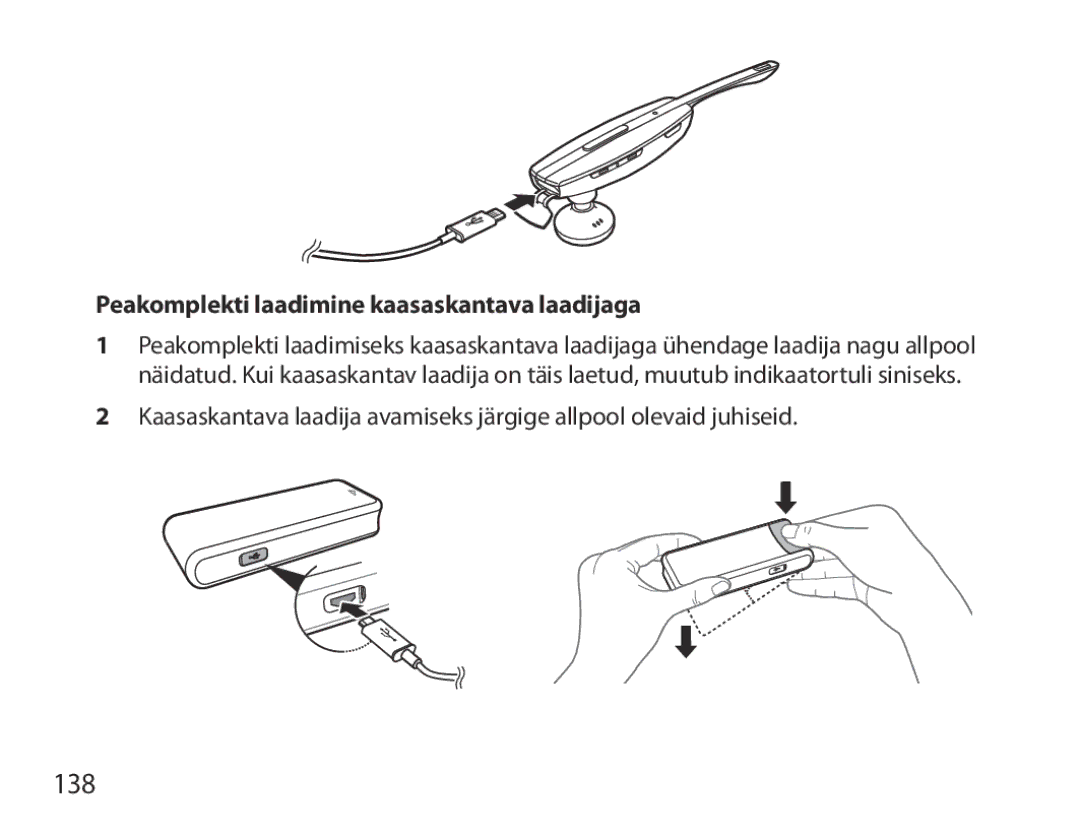 Samsung BHM7000EBRCSER manual 138, Peakomplekti laadimine kaasaskantava laadijaga 