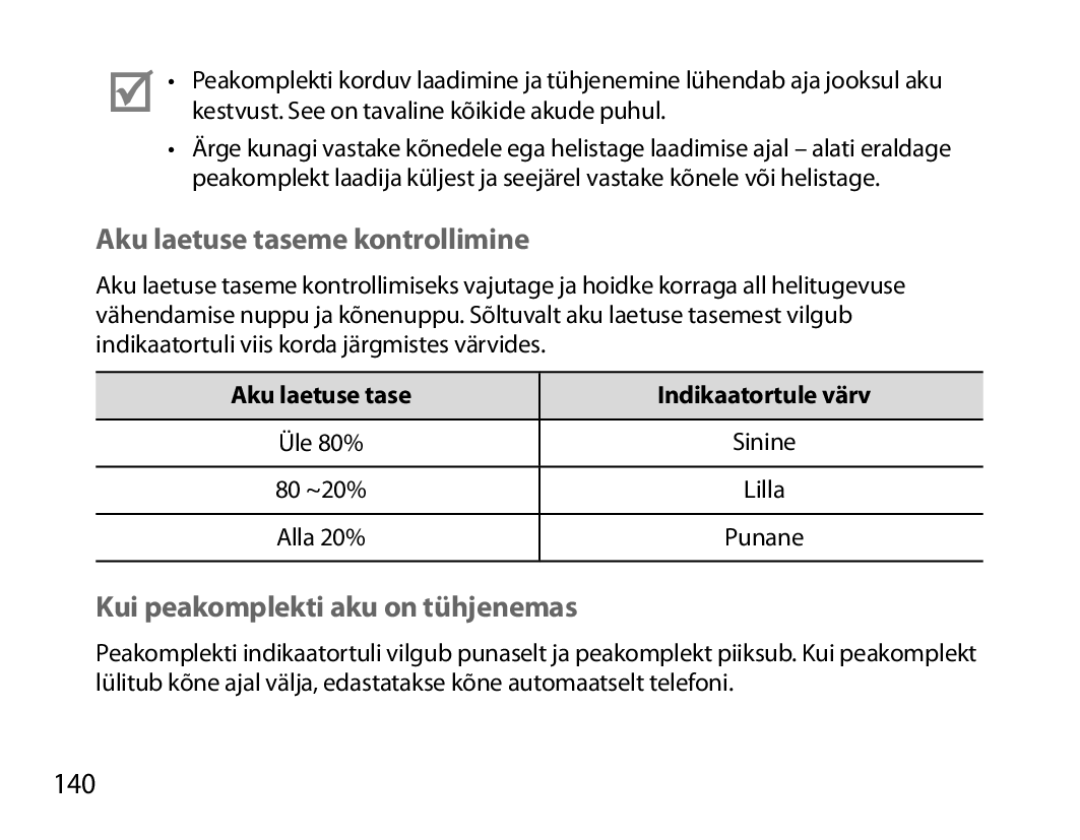 Samsung BHM7000EBRCSER manual Aku laetuse taseme kontrollimine, Kui peakomplekti aku on tühjenemas, 140 