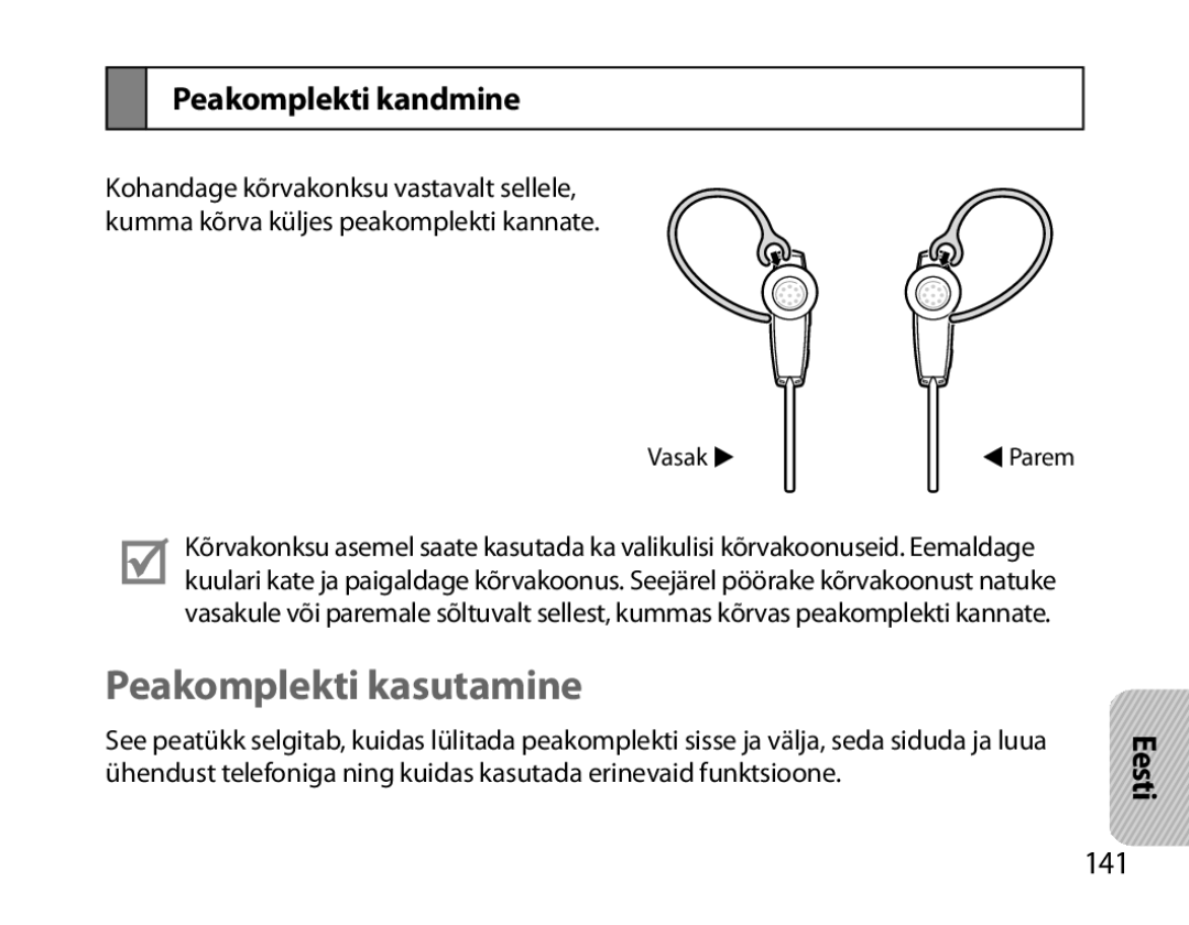 Samsung BHM7000EBRCSER manual Peakomplekti kasutamine, Peakomplekti kandmine, 141 