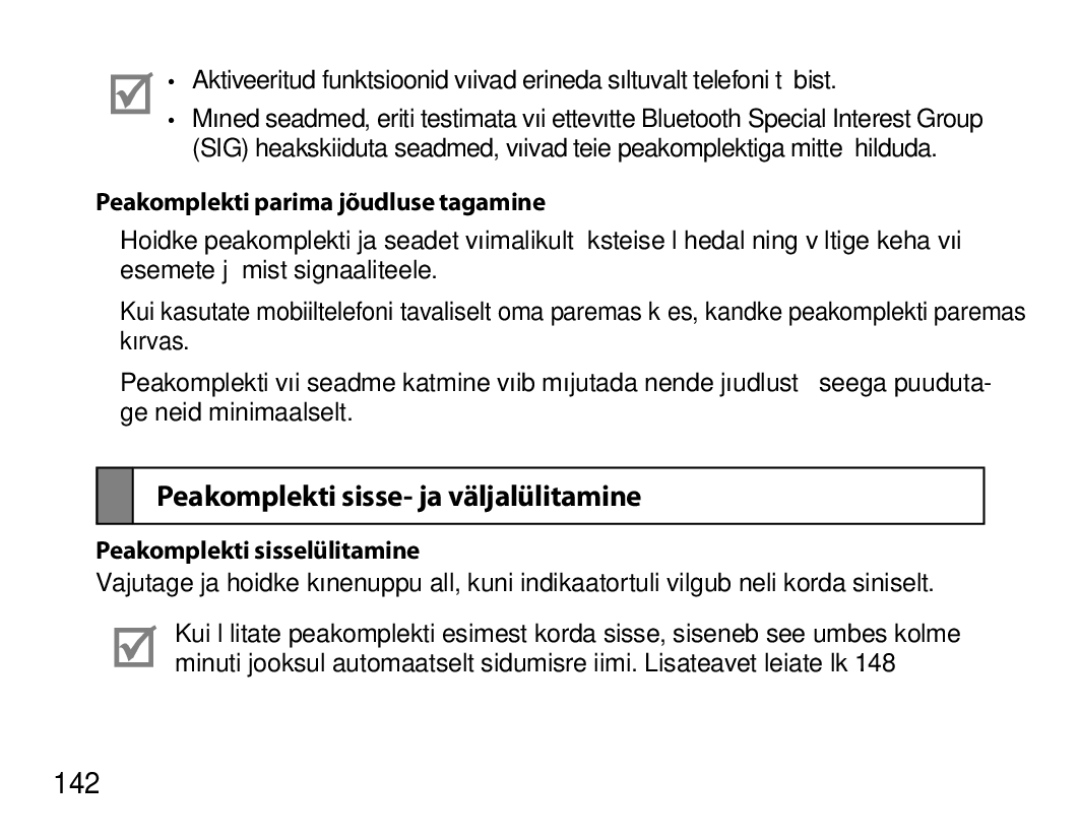 Samsung BHM7000EBRCSER manual Peakomplekti sisse- ja väljalülitamine, 142, Peakomplekti parima jõudluse tagamine 