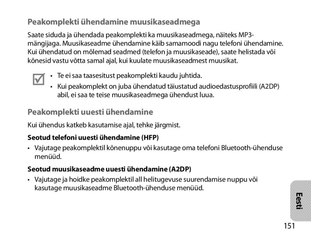 Samsung BHM7000EBRCSER manual Peakomplekti ühendamine muusikaseadmega, Peakomplekti uuesti ühendamine, 151 