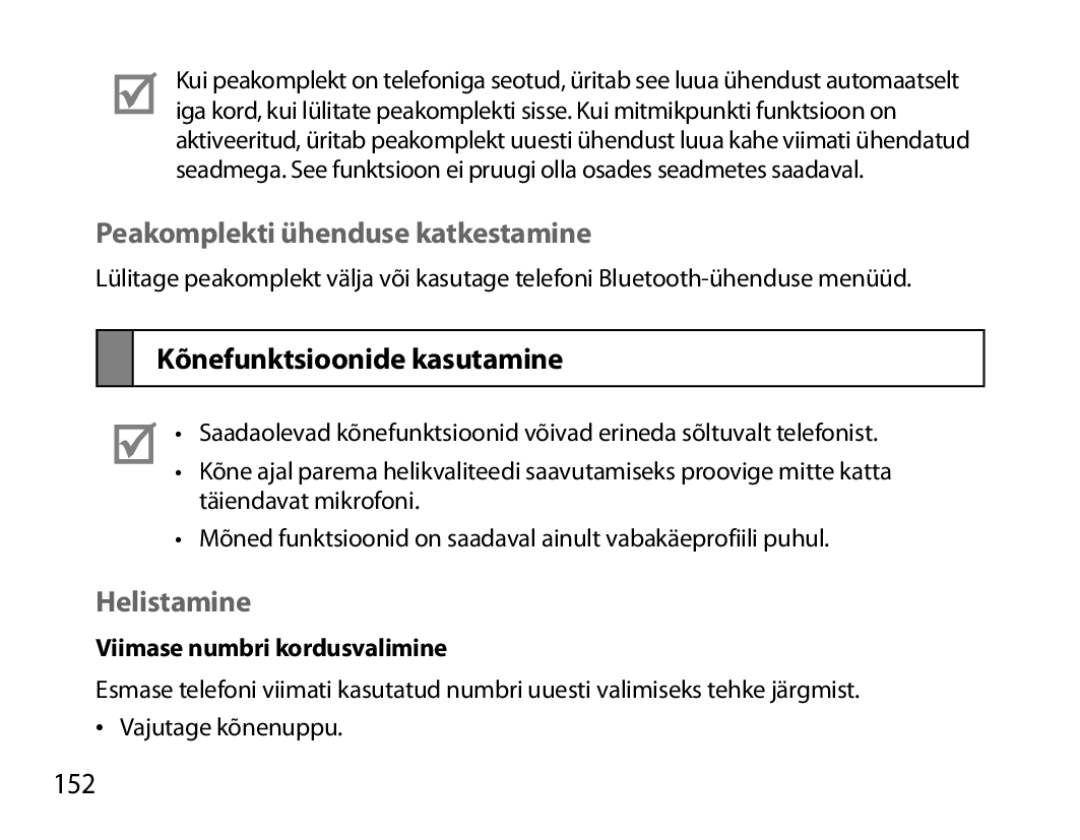 Samsung BHM7000EBRCSER manual Peakomplekti ühenduse katkestamine, Kõnefunktsioonide kasutamine, Helistamine, 152 