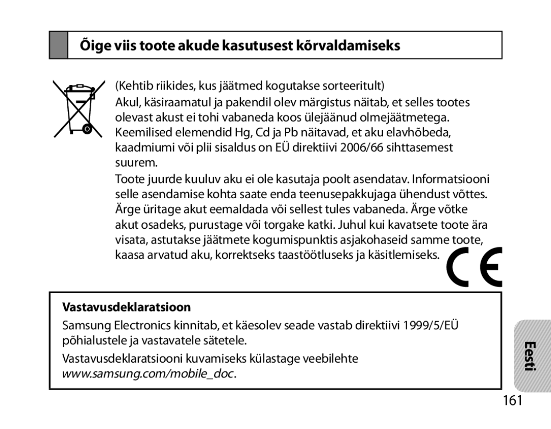 Samsung BHM7000EBRCSER manual Õige viis toote akude kasutusest kõrvaldamiseks, 161, Vastavusdeklaratsioon 