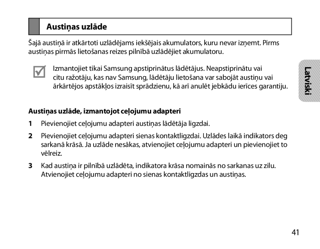 Samsung BHM7000EBRCSER manual Austiņas uzlāde, izmantojot ceļojumu adapteri 