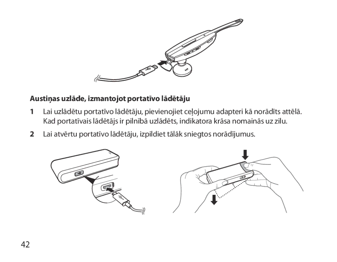 Samsung BHM7000EBRCSER manual Austiņas uzlāde, izmantojot portatīvo lādētāju 