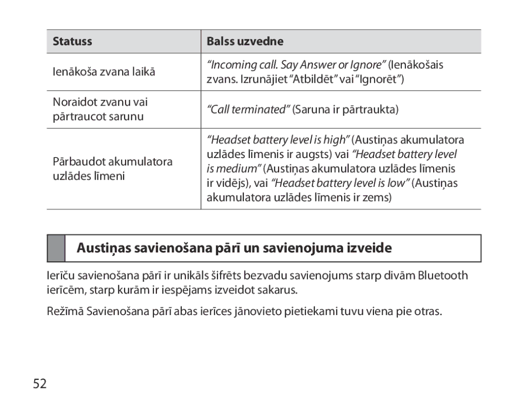 Samsung BHM7000EBRCSER Austiņas savienošana pārī un savienojuma izveide, Incoming call. Say Answer or Ignore Ienākošais 