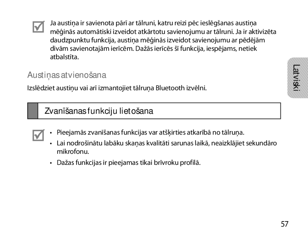 Samsung BHM7000EBRCSER manual Austiņas atvienošana, Zvanīšanas funkciju lietošana 