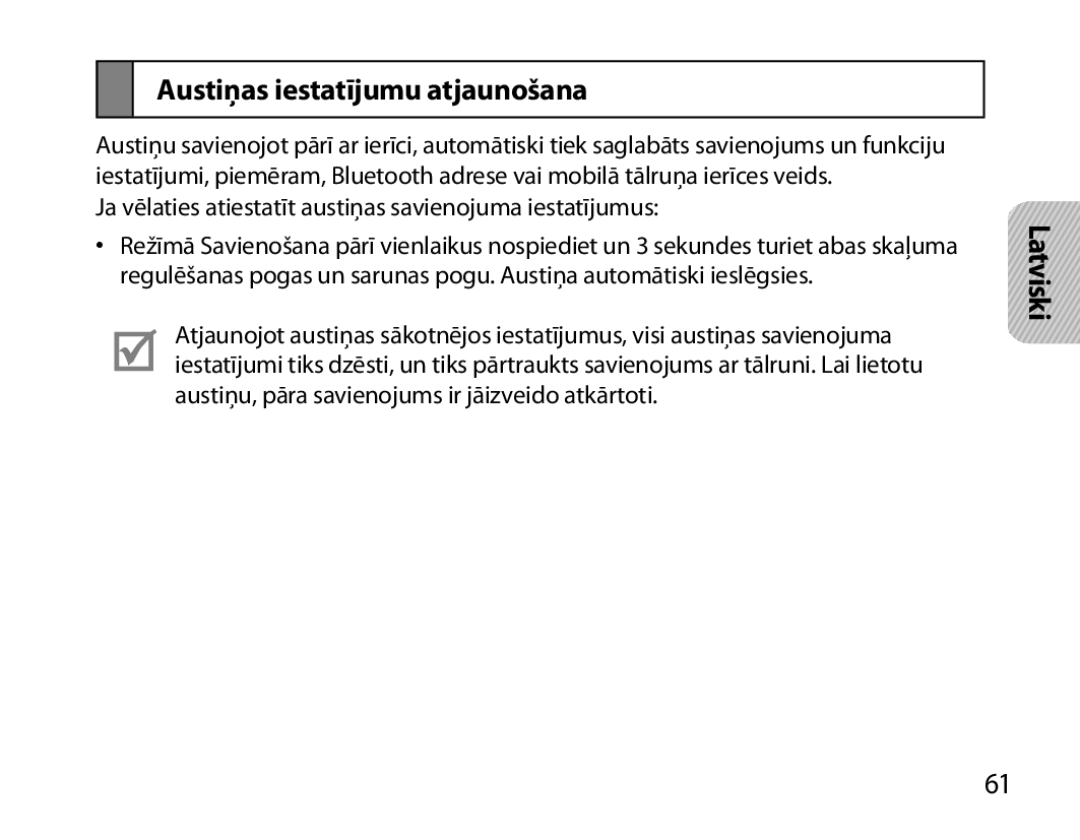 Samsung BHM7000EBRCSER manual Austiņas iestatījumu atjaunošana 