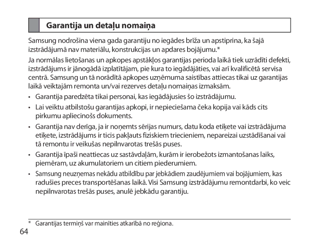 Samsung BHM7000EBRCSER manual Garantija un detaļu nomaiņa 