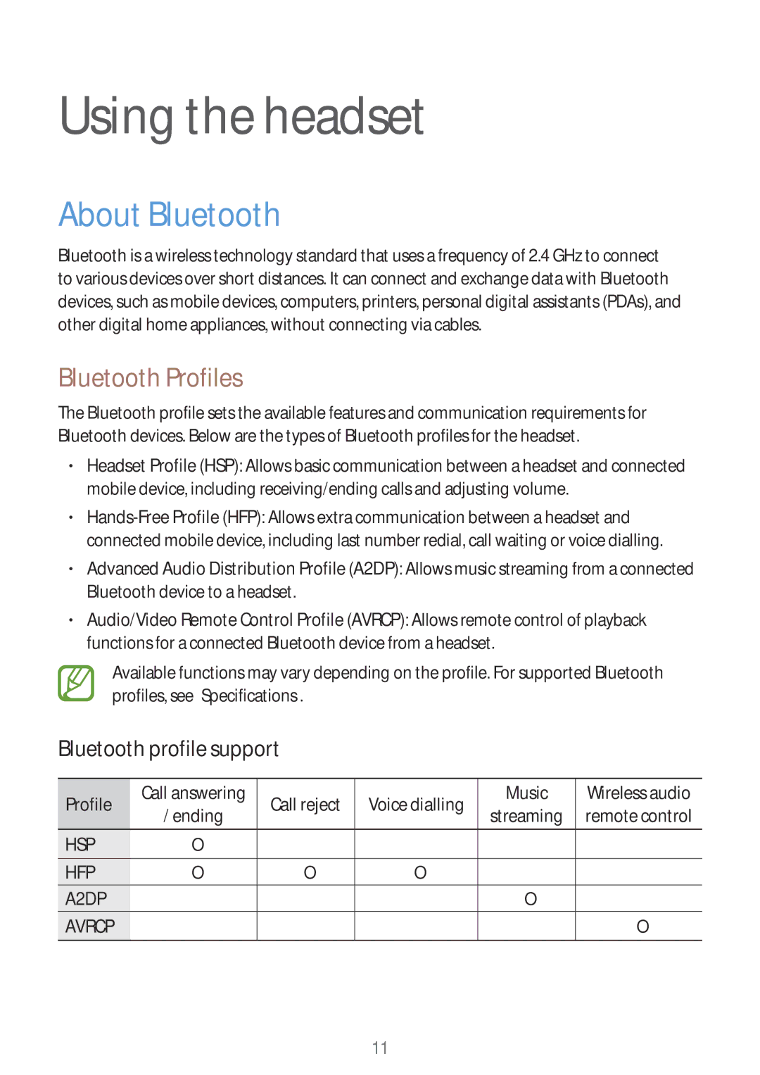 Samsung BHM7100EBECEUR manual Using the headset, About Bluetooth, Bluetooth Profiles 