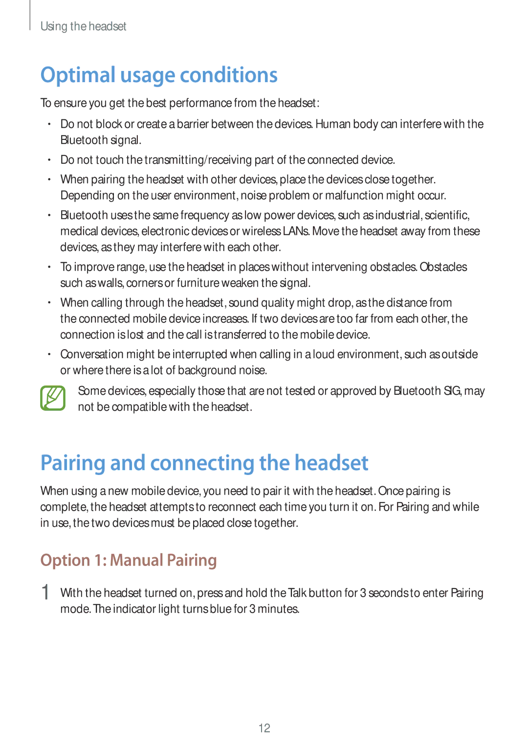 Samsung BHM7100EBECEUR manual Optimal usage conditions, Pairing and connecting the headset, Option 1 Manual Pairing 