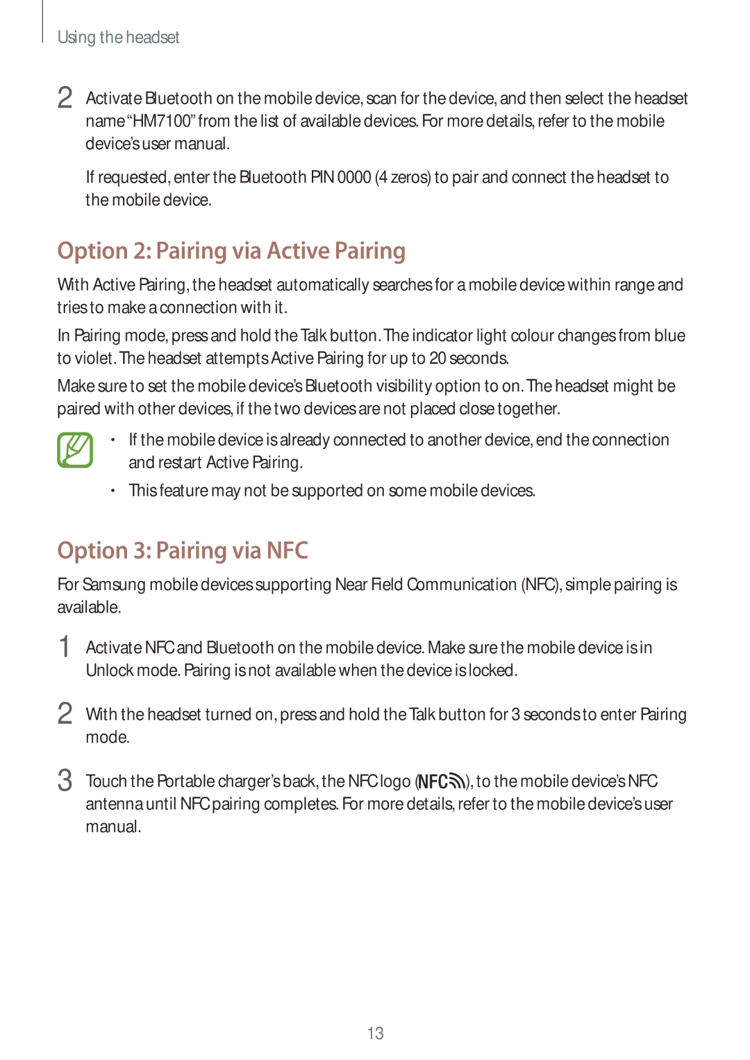 Samsung BHM7100EBECEUR manual Option 2 Pairing via Active Pairing, Option 3 Pairing via NFC 