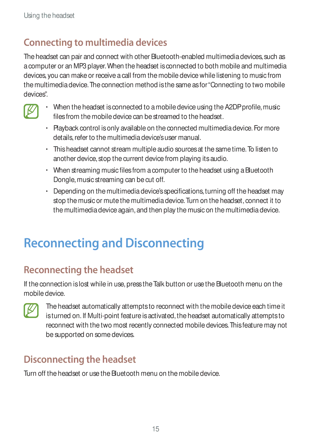 Samsung BHM7100EBECEUR manual Reconnecting and Disconnecting, Connecting to multimedia devices, Reconnecting the headset 