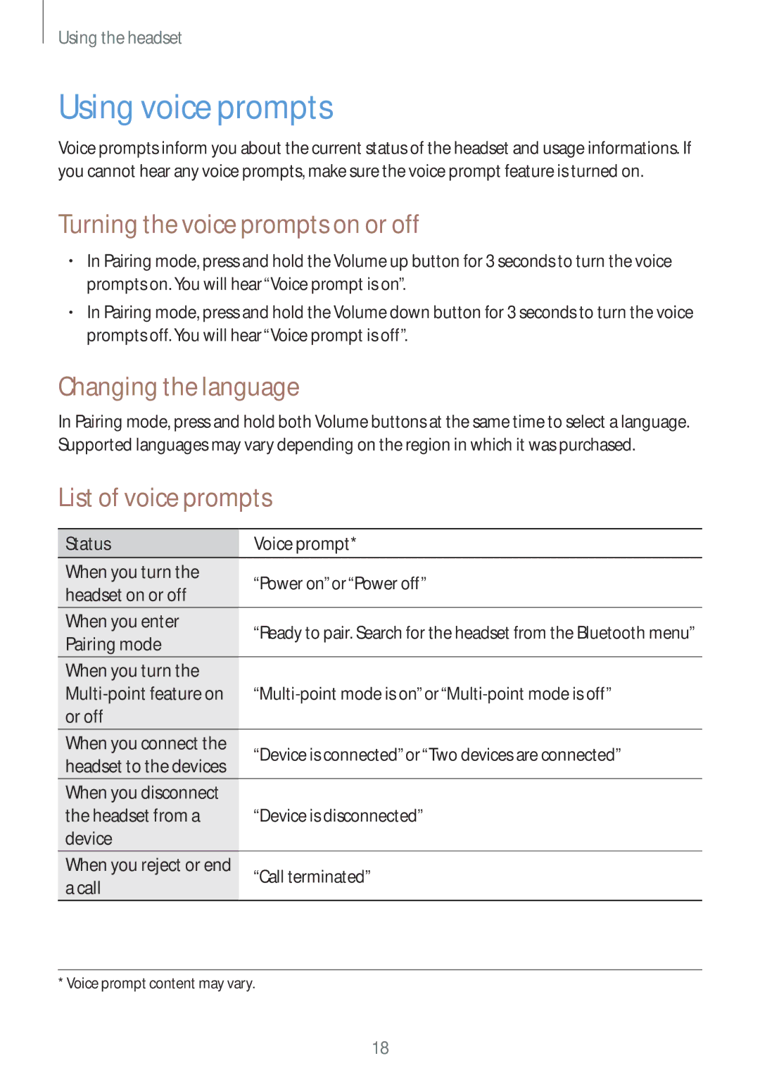 Samsung BHM7100EBECEUR manual Using voice prompts, Turning the voice prompts on or off, Changing the language 