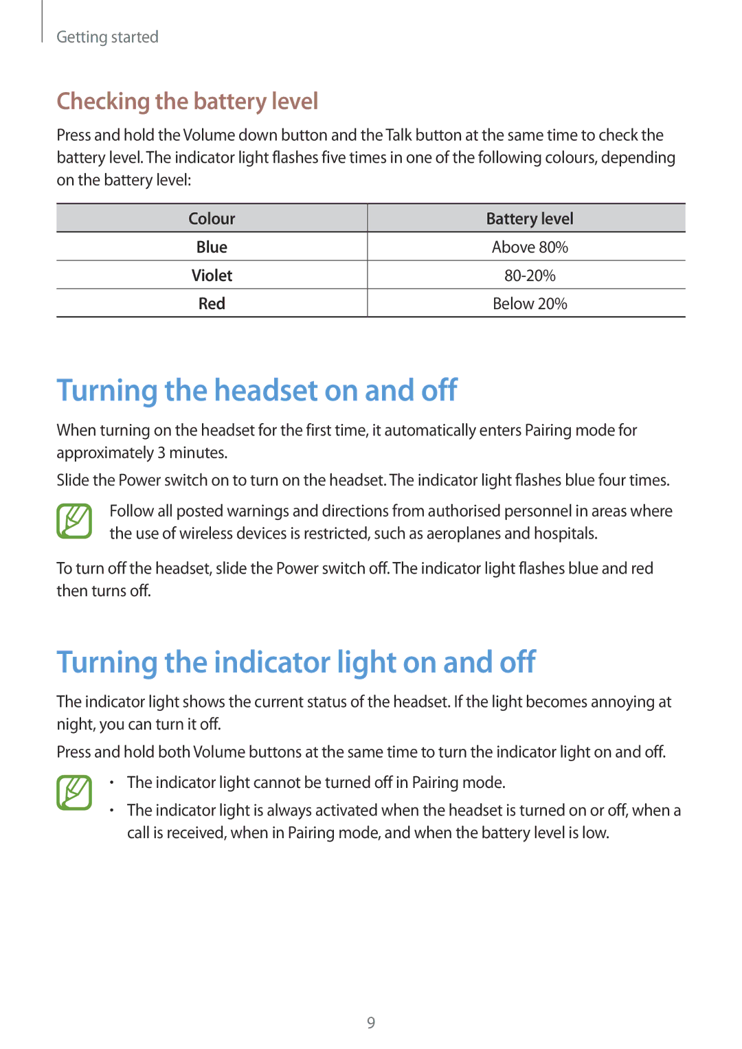 Samsung BHM7100EBECEUR Turning the headset on and off, Turning the indicator light on and off, Checking the battery level 