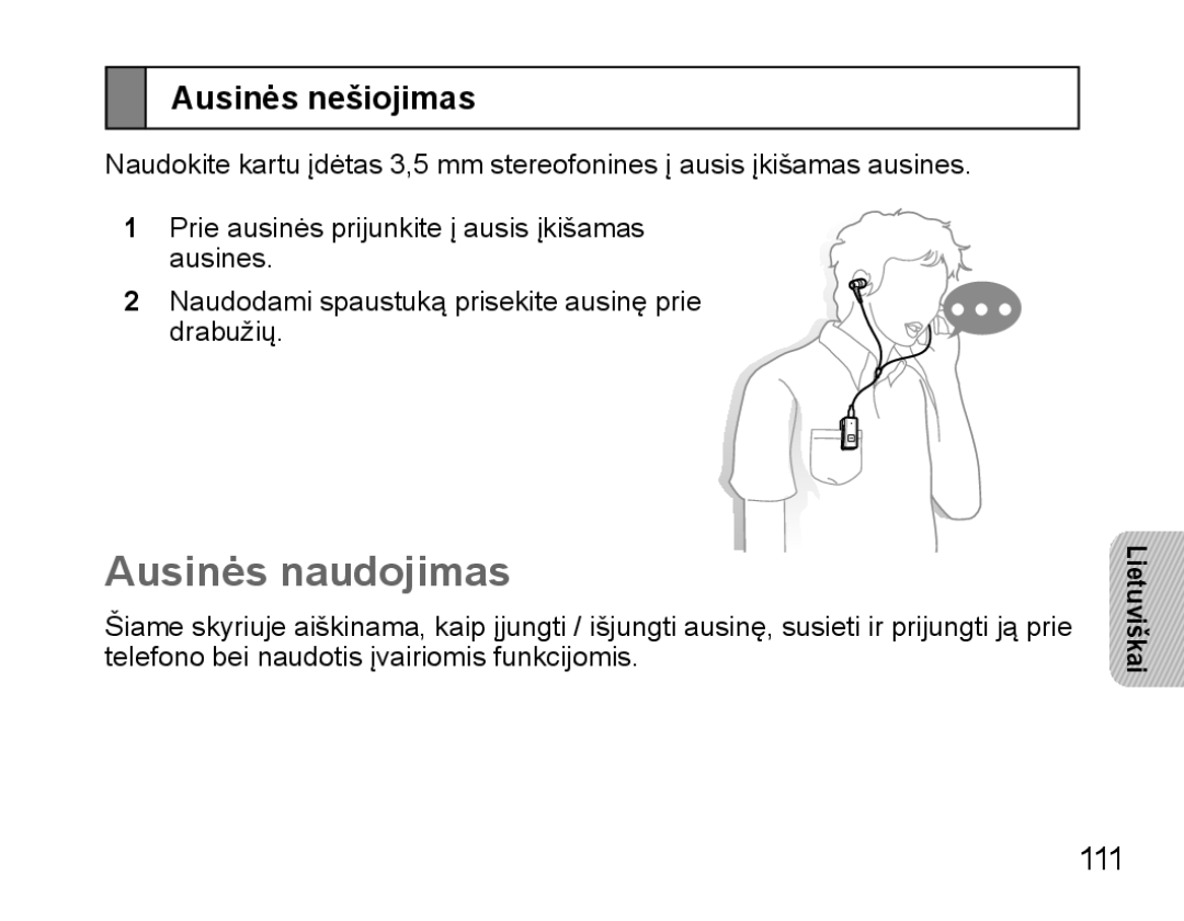 Samsung BHS3000EBRCSER, BHS3000EBECSEB manual Ausinės naudojimas, Ausinės nešiojimas, 111 