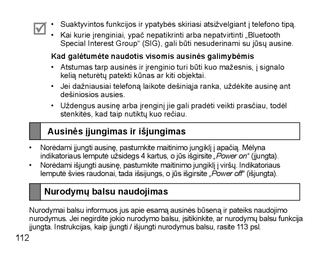 Samsung BHS3000EBECSEB, BHS3000EBRCSER manual Ausinės įjungimas ir išjungimas, Nurodymų balsu naudojimas, 112 