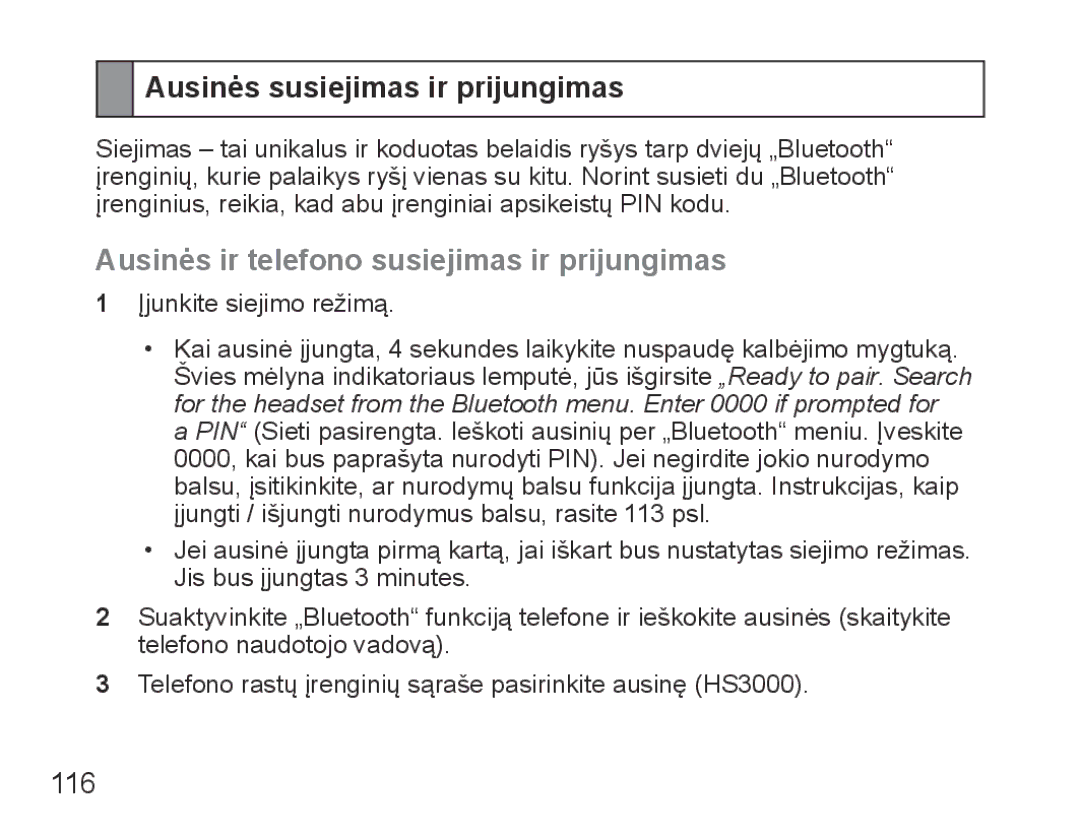 Samsung BHS3000EBECSEB manual Ausinės susiejimas ir prijungimas, Ausinės ir telefono susiejimas ir prijungimas, 116 