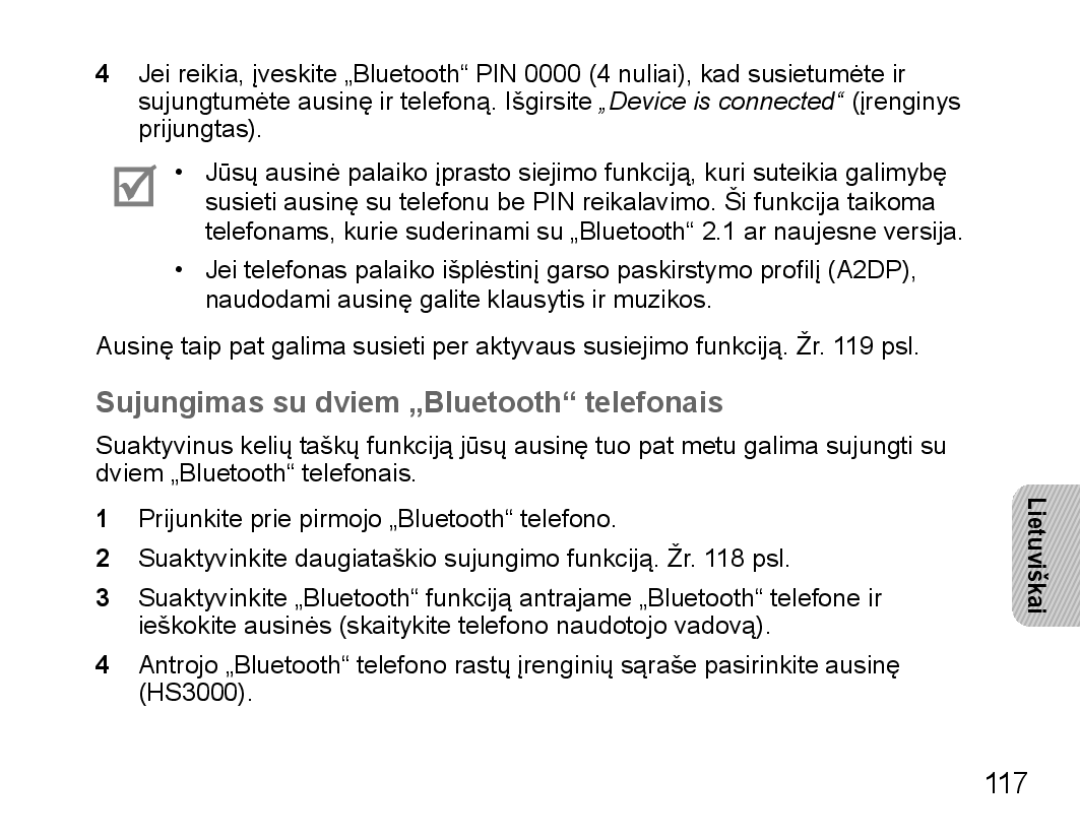 Samsung BHS3000EBRCSER, BHS3000EBECSEB manual Sujungimas su dviem „Bluetooth telefonais, 117 