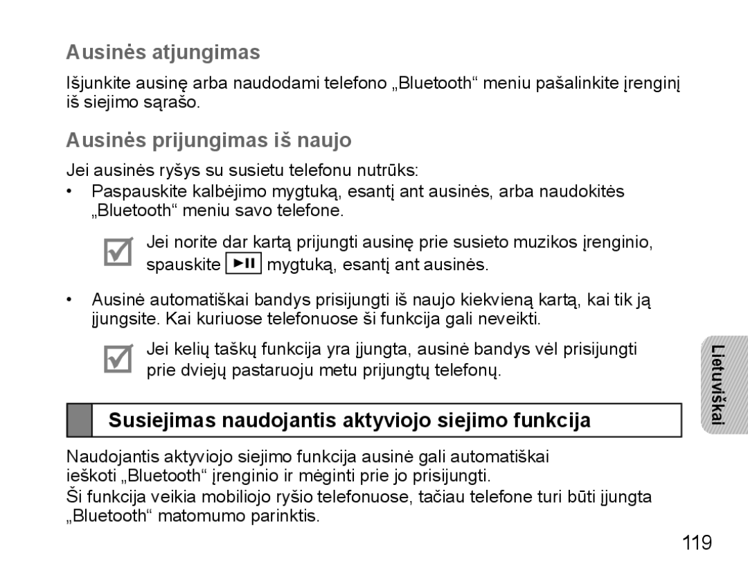 Samsung BHS3000EBRCSER Ausinės atjungimas, Ausinės prijungimas iš naujo, Susiejimas naudojantis aktyviojo siejimo funkcija 