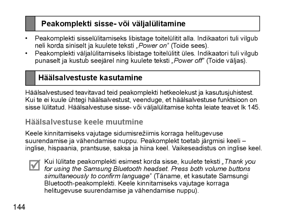 Samsung BHS3000EBECSEB Peakomplekti sisse- või väljalülitamine, Häälsalvestuste kasutamine, Häälsalvestuse keele muutmine 