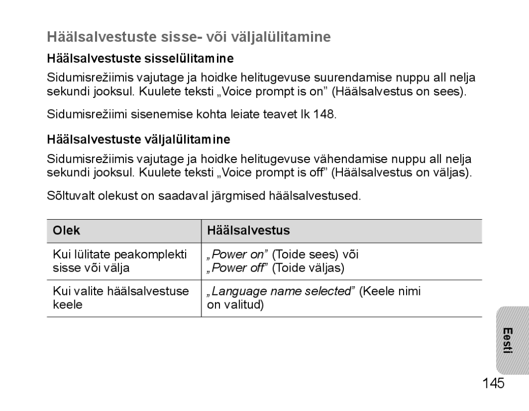 Samsung BHS3000EBRCSER, BHS3000EBECSEB Häälsalvestuste sisse- või väljalülitamine, 145, Häälsalvestuste sisselülitamine 