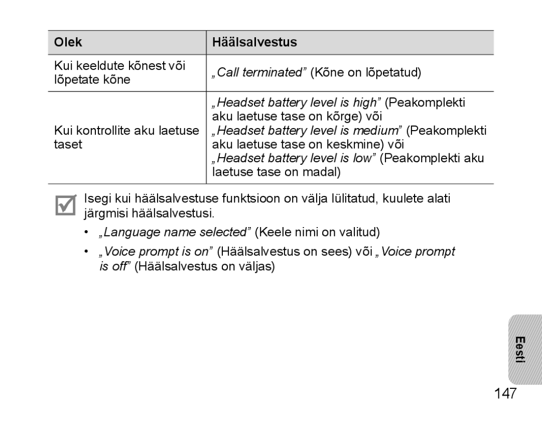 Samsung BHS3000EBRCSER, BHS3000EBECSEB manual 147, „Headset battery level is low Peakomplekti aku 