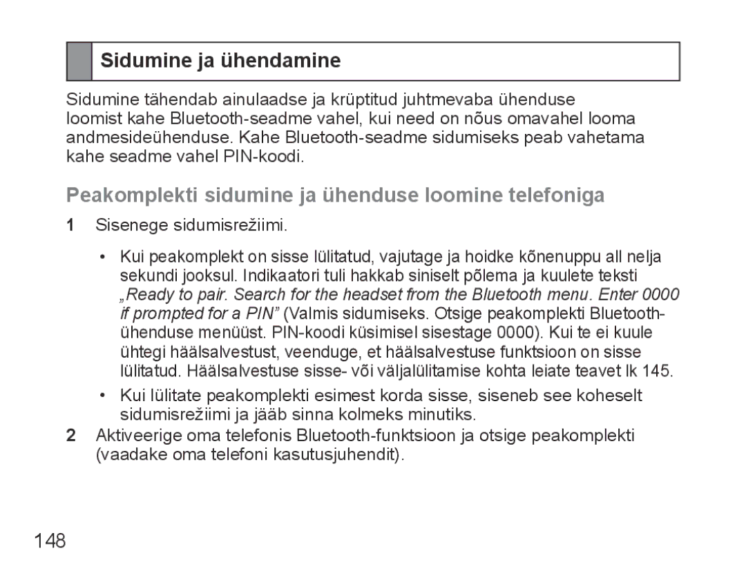 Samsung BHS3000EBECSEB, BHS3000EBRCSER Sidumine ja ühendamine, Peakomplekti sidumine ja ühenduse loomine telefoniga, 148 