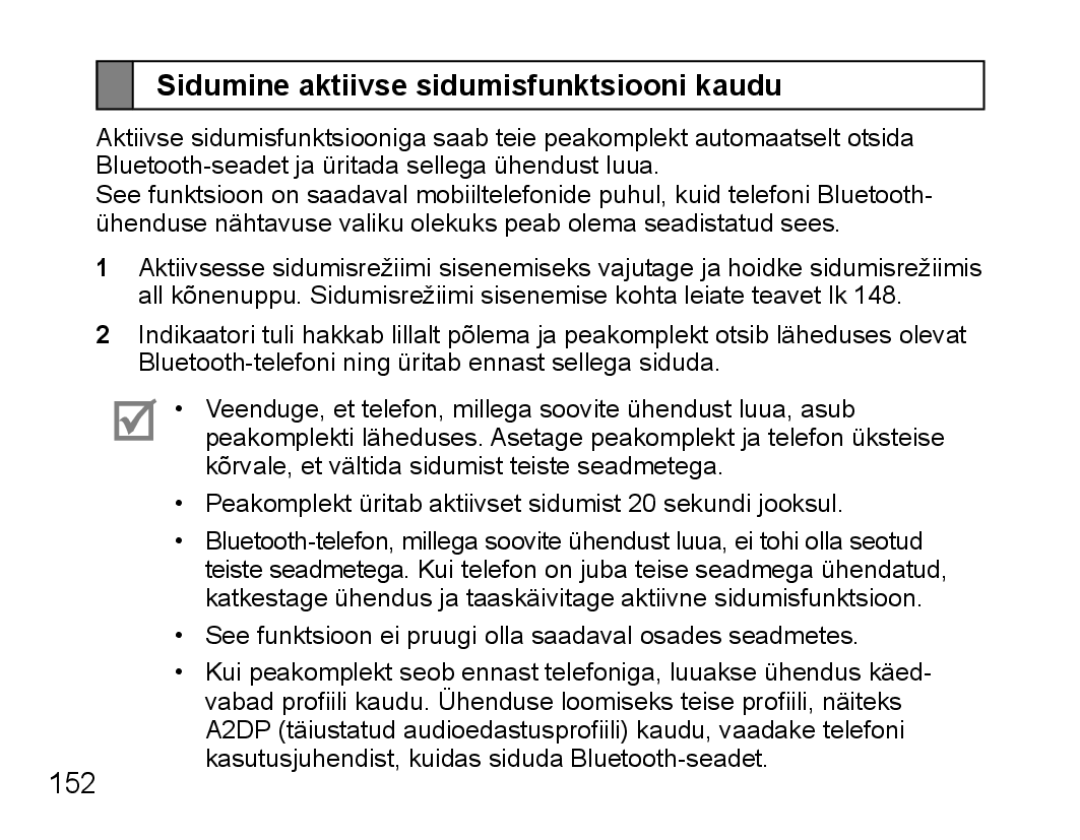 Samsung BHS3000EBECSEB, BHS3000EBRCSER manual Sidumine aktiivse sidumisfunktsiooni kaudu, 152 