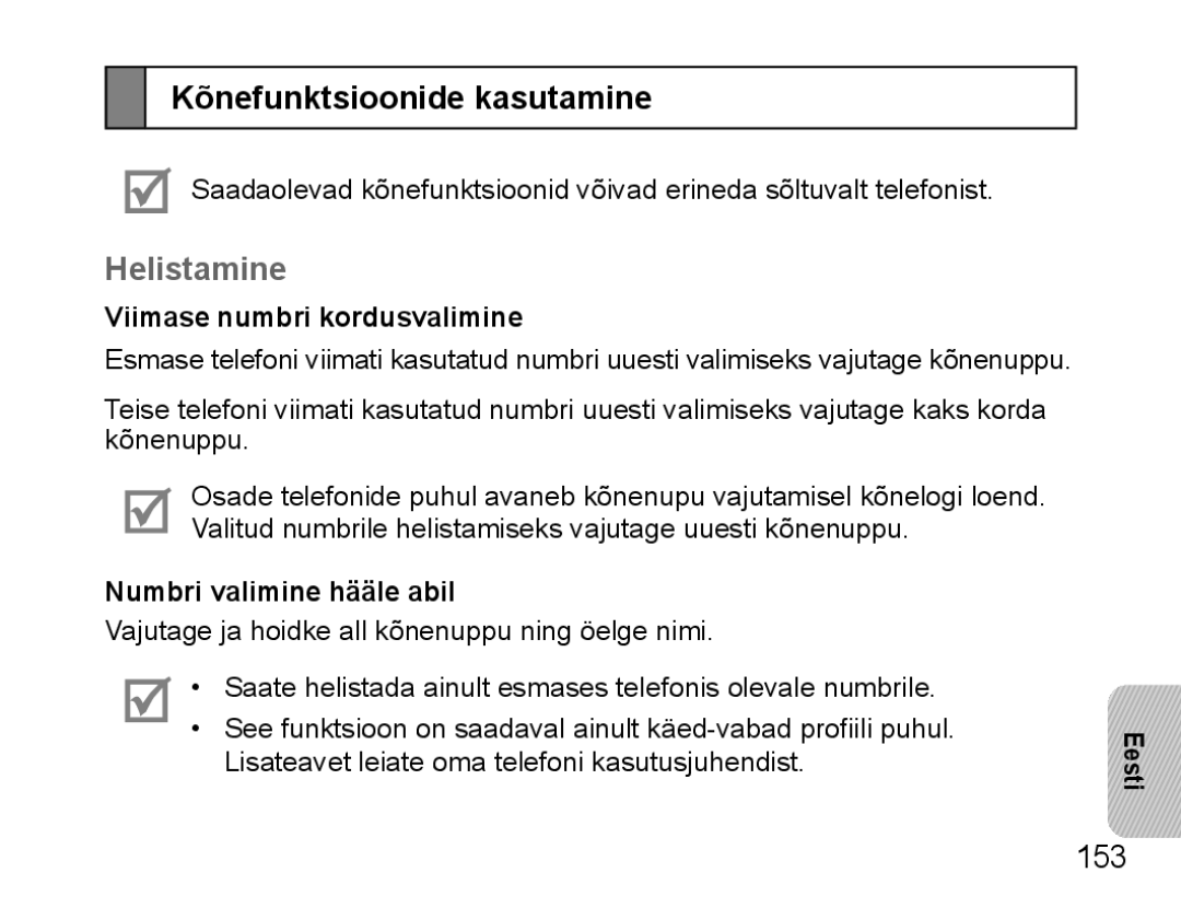 Samsung BHS3000EBRCSER, BHS3000EBECSEB manual Kõnefunktsioonide kasutamine, Helistamine, 153, Viimase numbri kordusvalimine 